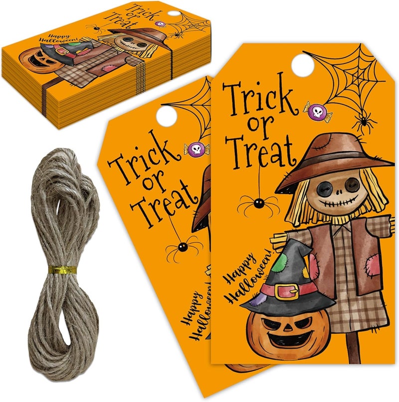 RPLCSPC Yellow Halloween Paper Gift Tags with String-50Pcs,Trick Or Treat for You Happy Halloween Tags for Goodie Bags, 2 x 3.5 Inch Waterproof Hanging Labels for Decor Party Supplies, Gift Wrapping-B06 - Image 1